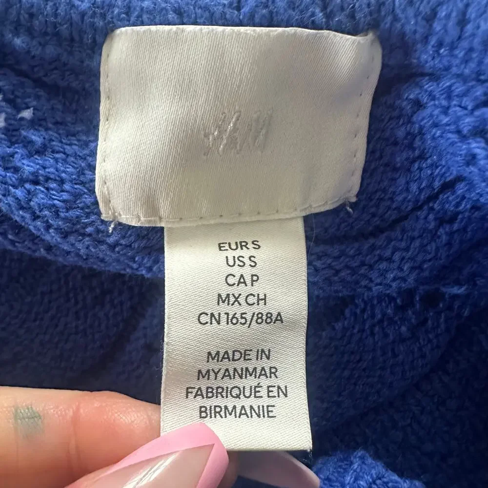 H&M Top Women Small Blue Cropped Crochet Knit Ruffle Sleeve Milkmaid Coquette